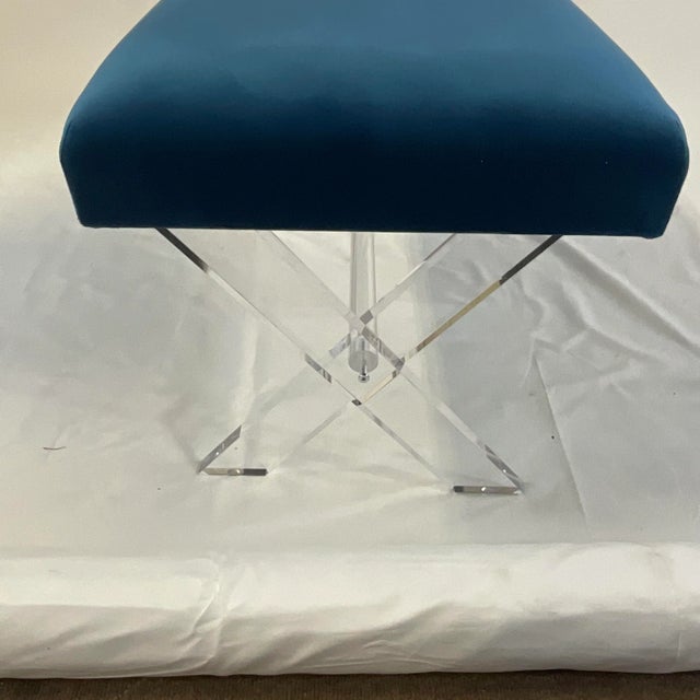 1980s 1980s Contemporary Modern Lucite X-Base Bench, Newly Upholstered in Velvet. For Sale - Image 5 of 10