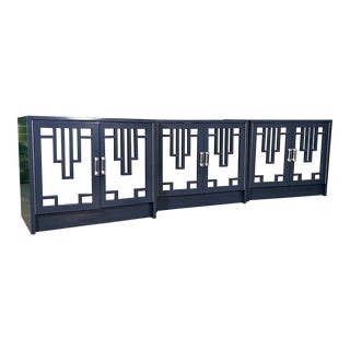Art Deco Mirrored Door Fretwork Nightstands, Set of 3 For Sale