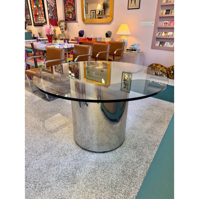 1970s Vintage 1970’s Paul Mayan Style Circular Glass and Chrome Base Dining Table For Sale - Image 5 of 10