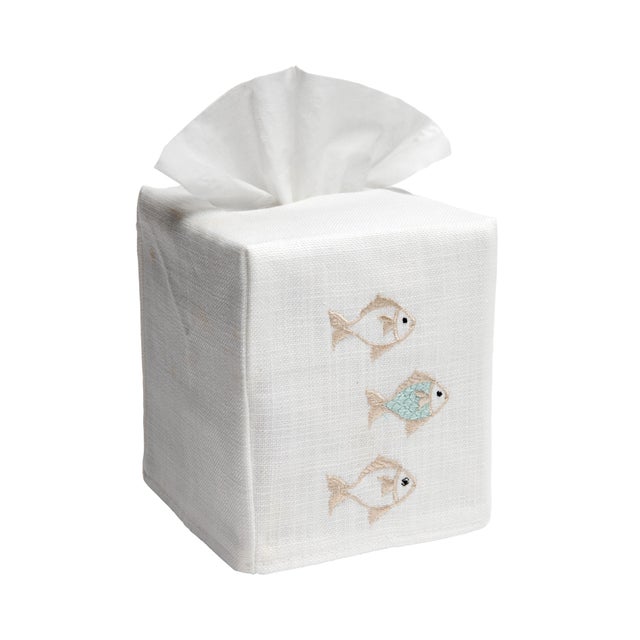 Size: W-4 ½”, D-4 ½”, H-5 ¼” (Fits the standard Puffs & Kleenex cubes) Fabric: White Linen / Cotton Embroidery: Aqua/Beige...