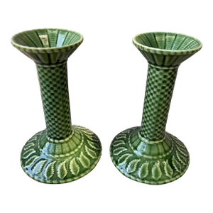 Vintage Bordallo Pinheiro Green Ceramic Candlestick a Pair