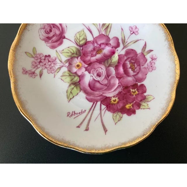 Ceramic Antique English Victorian Porcelain Jewelry Dish With Pink Flower and Gold Rim by Roslyn For Sale - Image 7 of 12