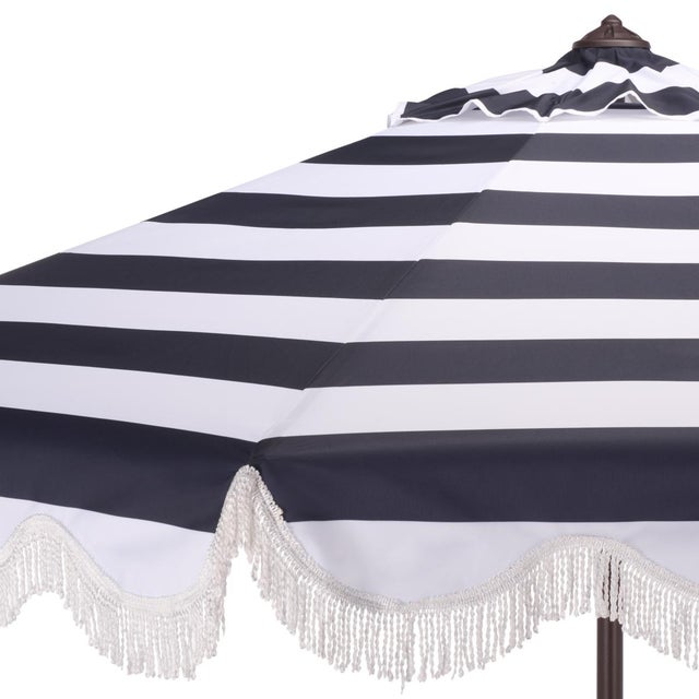 Spritely Home Lucerna 9 Ft Crank Umbrella, Navy Stripe/Brown Pole For Sale - Image 4 of 9