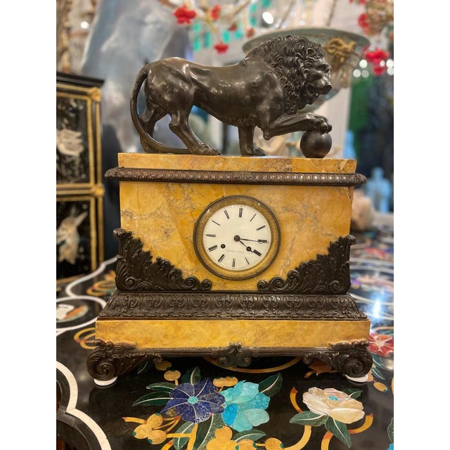 French Bronze Lion and Sienna Marble Clock with Silk Suspension, 1820s For Sale - Image 6 of 6