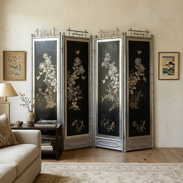 Vintage Chinoiserie Four-Panel Folding Screen – Hand-Painted Floral Motif With Silver Faux Bamboo Frame For Sale - Image 15 of 15