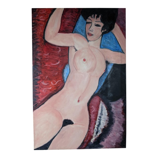 Large Modernist Reclining Female Nude Original Oil Painting on Canvas, Mid-20th Century For Sale