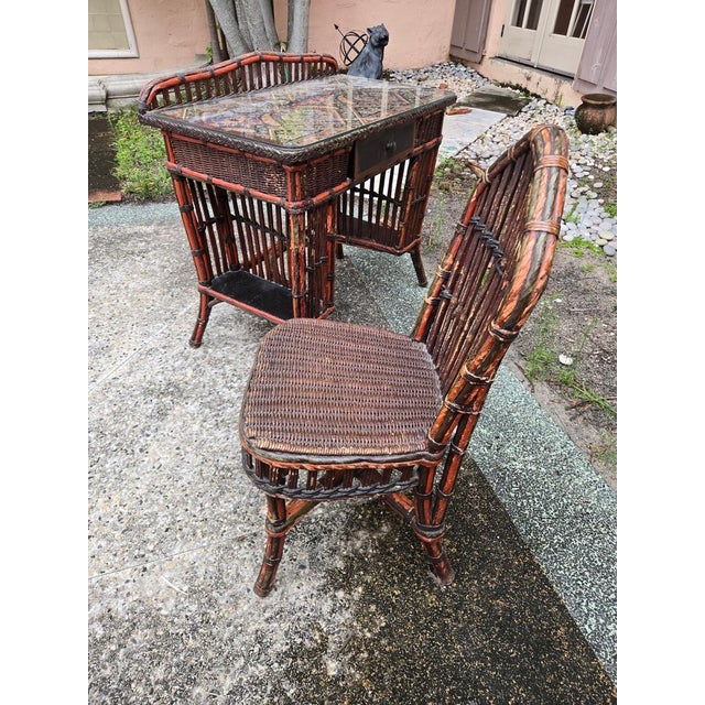 Early 20th Century Rare Signed Karpen Furniture Arts & Crafts Woven Reed Desk & Chair For Sale - Image 10 of 14