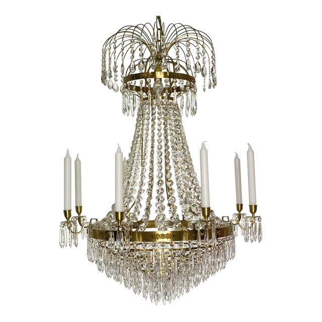 Empire Swedish Style Brass 8 Arm Chandelier With Crystal Drops For Sale