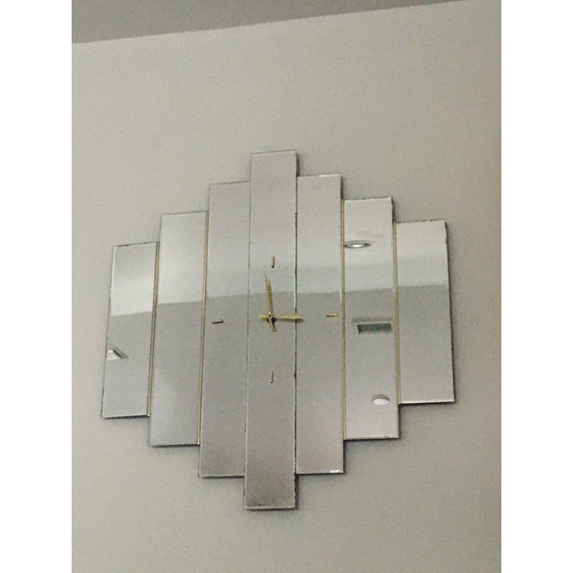 1970s Art Deco Style Step 7 Panel Beveled Clock Mirror & Side 5 Panel