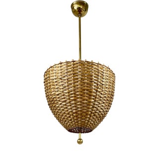 Mid-Century Rattan and Brass Pendant Light, Sweden, 1950s For Sale