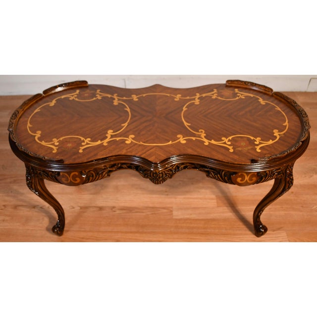 1920s Antique French Louis XV Walnut & Satinwood Inlay Coffee and End Tables Set For Sale - Image 11 of 17