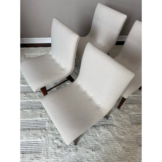 Linen Set of Four Vintage 1950s Walnut and Linen Dining Chairs After Conant Ball For Sale - Image 8 of 13
