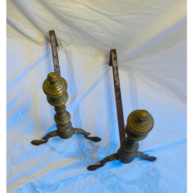 Late 19th Century Antique Edwardian Turned Brass Andirons Cast Iron Stands For Sale - Image 5 of 7