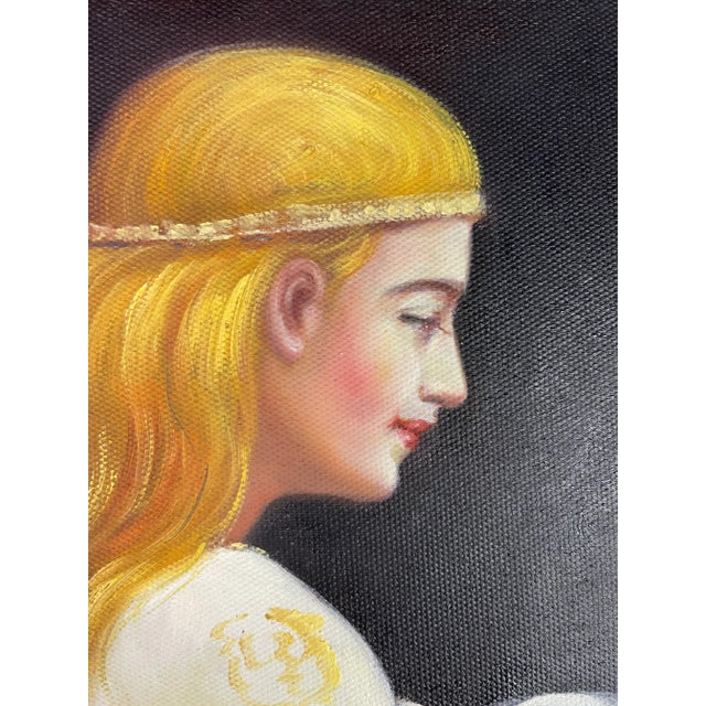 Medieval Couple Horse Oil Painting For Sale - Image 9 of 13