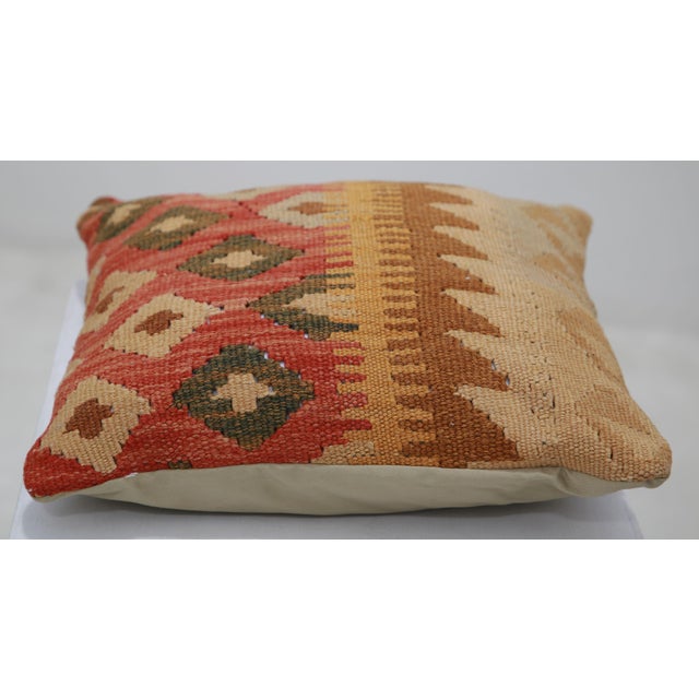 Tribal Arteverk Handwoven Afghan Kilim Pillow — Orange & Green Diamond Field For Sale - Image 3 of 3