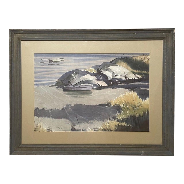 Vintage Carl Schmalz Jr Maine Boat Harbor Modernist Painting - Bowdoin & Amherst For Sale