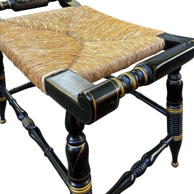 Early 20th Century Ethan Allen Hitchcock Style Stenciled & Ebonized Ladies Writing Desk and Woven Rush Seat For Sale - Image 9 of 11