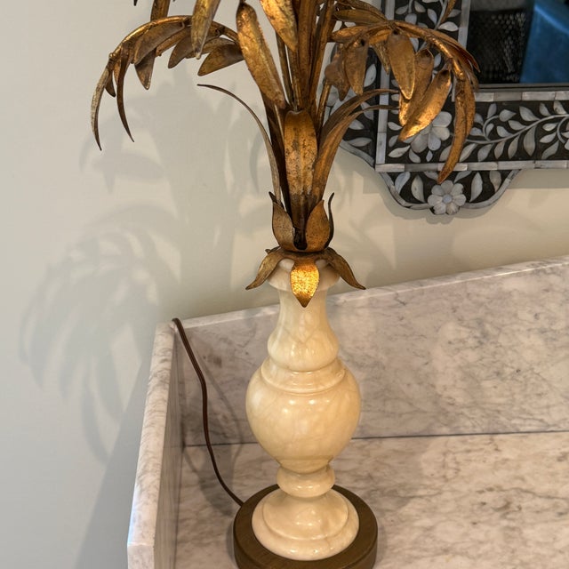 Gold 1930s Pair of 1930s Hollywood Regency Palm Tree & Marble Lamps For Sale - Image 8 of 10