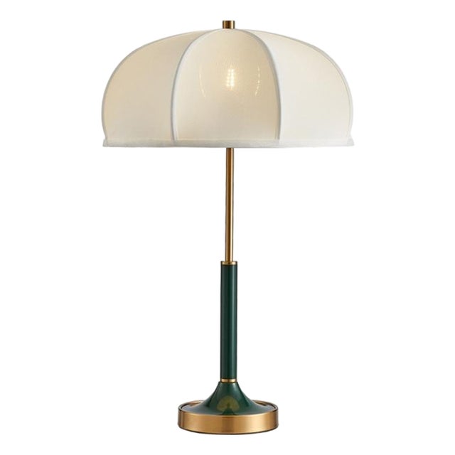 Cream Fabric & Dark Green Gilded Iron Table Lamp For Sale