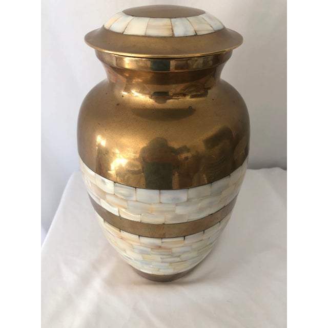 Vintage Handcrafted Brass and Mother of Pearl Inlay Urn For Sale - Image 4 of 7