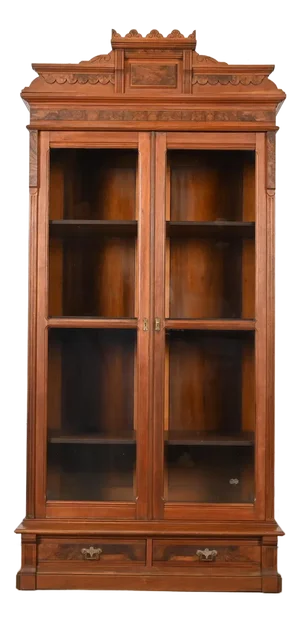 Herter Brothers Style Antique Eastlake Victorian Carved Burled Walnut Bookcase, Circa 1880s