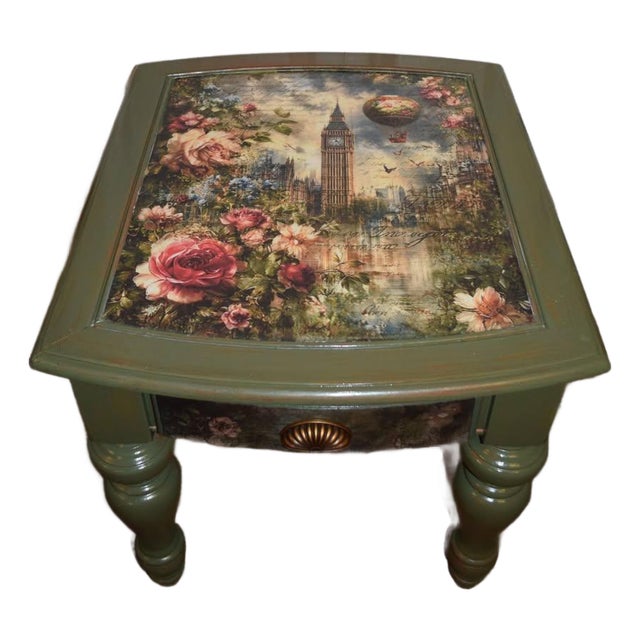 Hand-Finished "London Rose" Decoupage Side Table For Sale