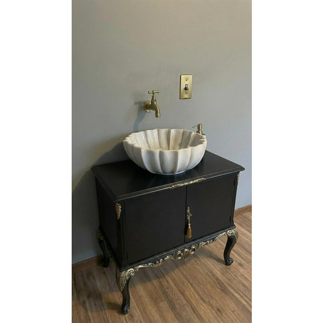 Hand Carved White Marble Lotus Vessel Sink, Scalloped Flower Stone Bathroom Vanity Sink For Sale - Image 10 of 11