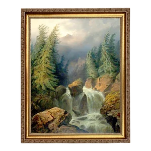 "Mountain Waterfall Landscape" Contemporary Reproduction Print on Canvas, Framed 13x16