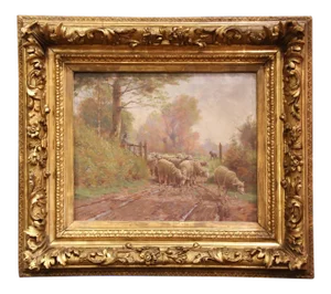 19th Century French Sheep Painting in Carved Gilt Frame Signed Charles Clair