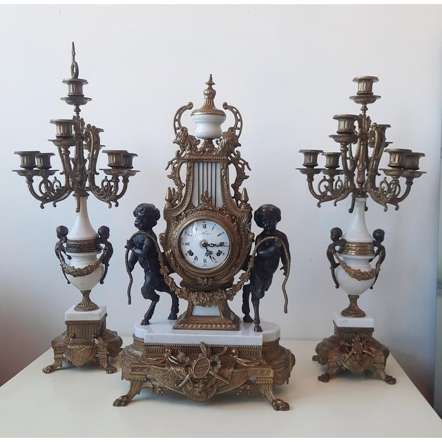 Traditional Lancini Clock with Louis XVI Style Candlesticks, 1940s, Set of 3 For Sale - Image 3 of 18