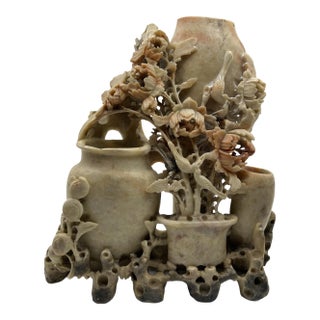 Vintage Soapstone Carvied Triple Vase Birds and Flowers For Sale