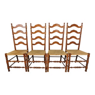 Antique Solid Wood Ladderback Rush Seat Dining Side Chairs- Set of 4 For Sale