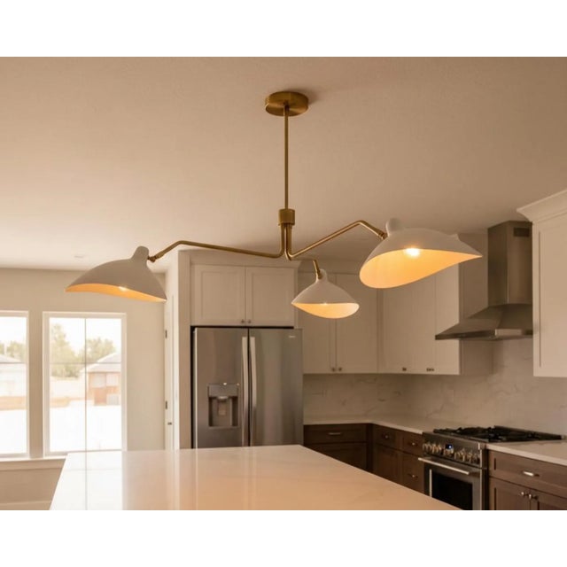 Sculptural Three-Light Brass Chandelier With White Domed Shades For Sale - Image 6 of 10