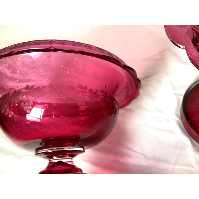 Red Pair of 19th Century Victorian Cranberry Glass Pedestal Bowl Compotes For Sale - Image 8 of 9