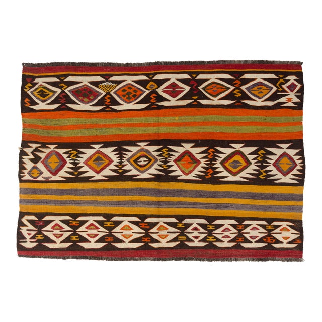 Mid 20th Century Handwoven Geometric Medallion & Striped Tribal Rug For Sale