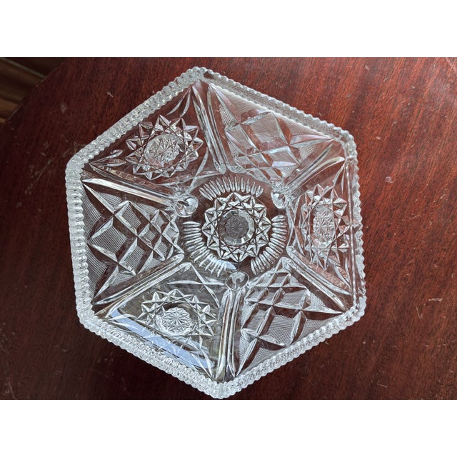 Glass Early 20th Century Mid-Century Modern Hexagonal Cut Crystal Lidded Footed Candy Dish For Sale - Image 7 of 11