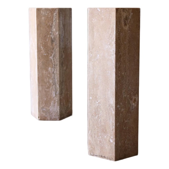 1960s Post Modern Travertine Hexagonal Pedestal Column End / Drink Tables - Set of 2 For Sale