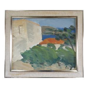 Mid-Century Modern 'Mediterranean Escape' Swedish Expressive Landscape Oil Painting, Framed