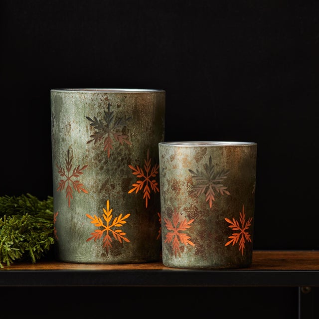 Traditional Etched Snowflake Mecury Glass Candle Holder (Set of 2) For Sale - Image 3 of 5