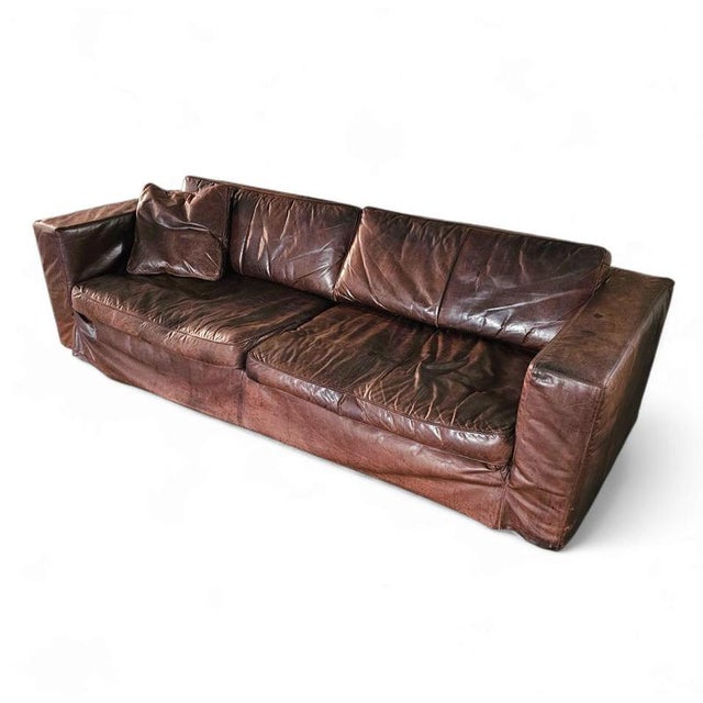 Large Loose Cover Brown Leather Lounge Sofa, 1970s For Sale - Image 14 of 18