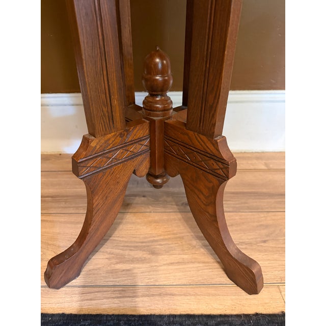 Antique Eastlake Victorian Oak Parlor Side Table With Carved Pedestal Base and Acorn Finial For Sale - Image 13 of 15