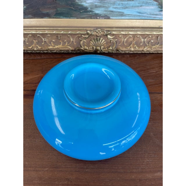 Mid 19th Century French Blue Opaline Glass Bowl With Intricate Gilded Fruit and Vine Border For Sale - Image 9 of 9