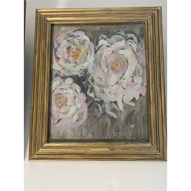 Plastic 1960s Pair of Dark Abstract Floral Pink Peonies Paintings Signed and Framed For Sale - Image 7 of 7