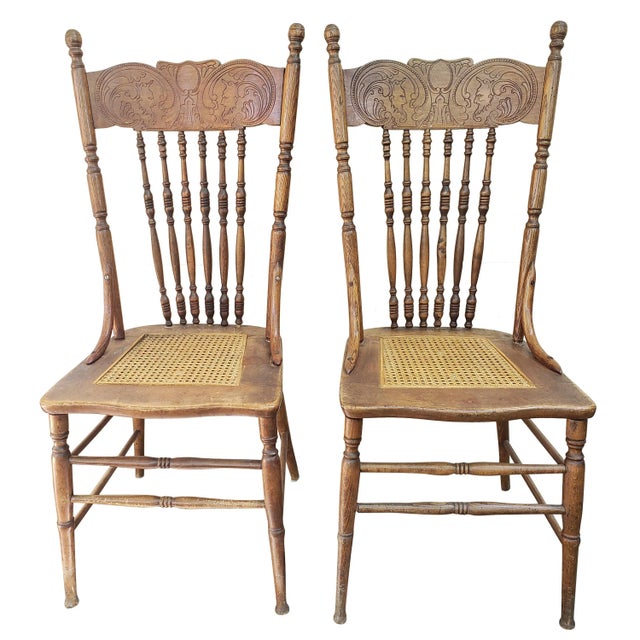 Vintage Oak Press Back Chairs With Cane Seats - a Pair For Sale In Washington DC - Image 6 of 6