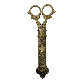 Antique 19th Century Victorian Sewing Scissors Dagger W/ Brass Handles & Sheath For Sale