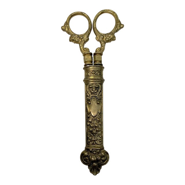 Antique 19th Century Victorian Sewing Scissors Dagger W/ Brass Handles & Sheath For Sale
