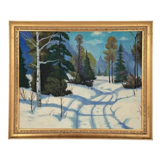 Winter Landscape Oil Painting Signed Audrey Milligan, Snowy Forest Scene For Sale