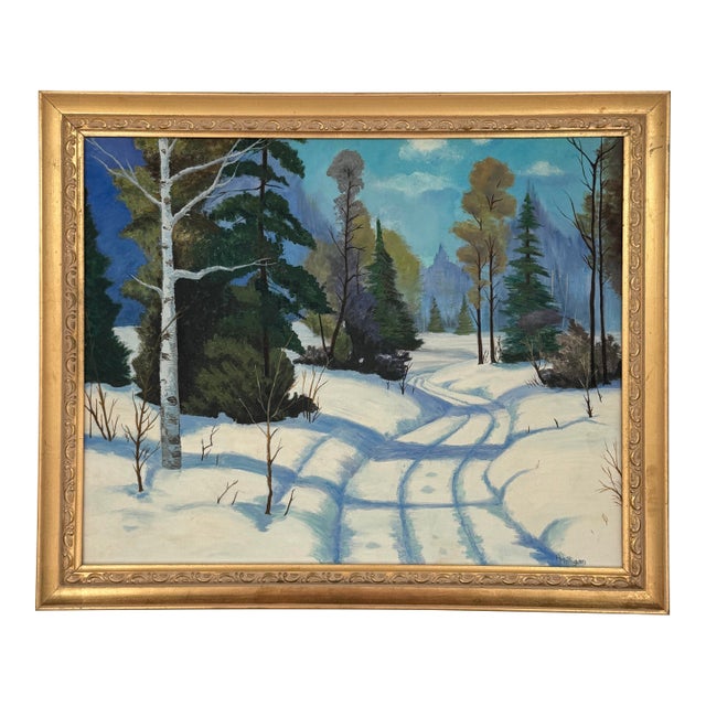 Winter Landscape Oil Painting Signed Audrey Milligan, Snowy Forest Scene For Sale