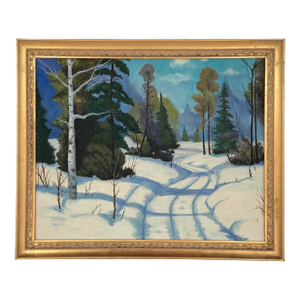 Winter Landscape Oil Painting Signed Audrey Milligan, Snowy Forest Scene