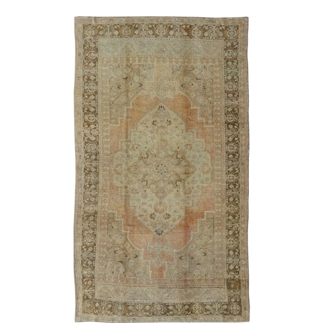 Vintage Turkish Oushak Rug With Medallion and Cornices in Light Orange & Brown For Sale